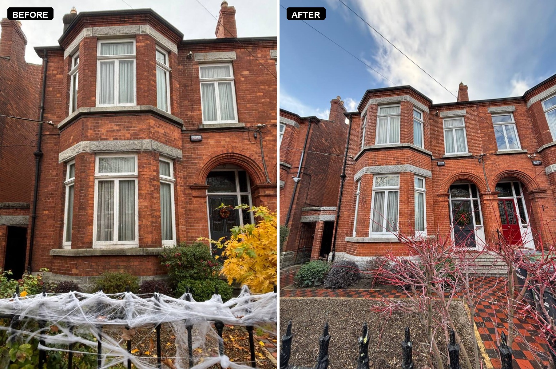 Brick repointing before and after on a Dublin house