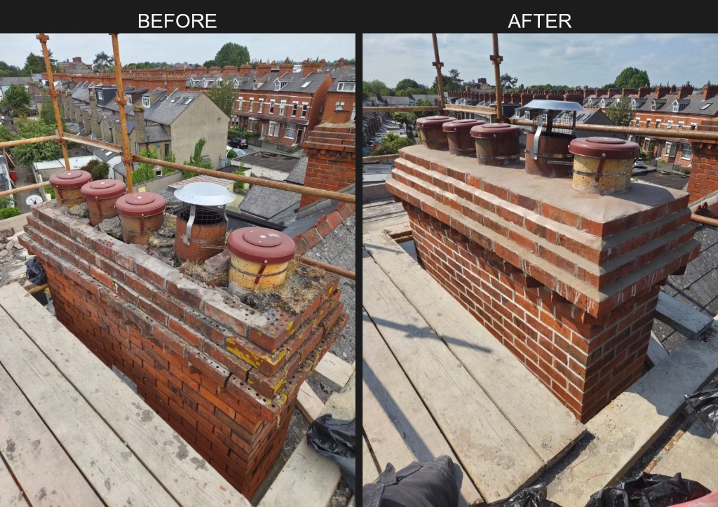 Chimney stack before and after repointing and flaunching repair in Dublin